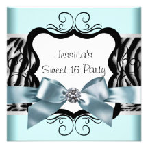 Teal Blue Zebra Sweet Sixteen Birthday Party Personalized Announcement