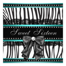 Teal Blue Zebra Sweet Sixteen Birthday Party Custom Invite