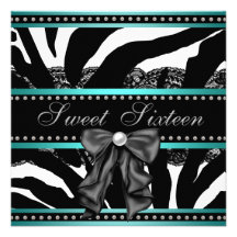Teal Blue Zebra Sweet Sixteen Birthday Party Announcements