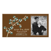Teal/Brown Cherry Blossom Save the Date Photocard Customized Photo Card