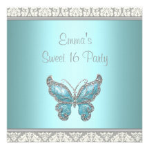 Teal Butterfly Damask Sweet 16 Party Personalized Invitation