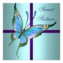 Teal Butterfly Sweet Sixteen Birthday Party Custom Invitations