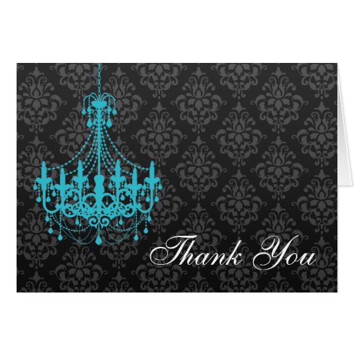 Teal Chandelier Black Damask Thank You Note Cards