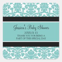 Teal Damask Baby Shower Favour Stickers