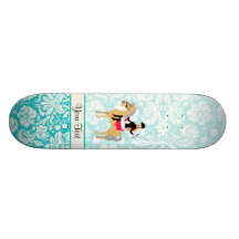 Teal Damask Equestrian Skate Board Deck