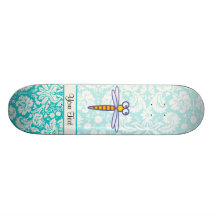Teal Damask Pattern Dragonfly Skateboard Decks