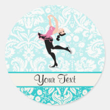 Teal Damask Pattern Ice Skating Round Sticker
