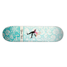 Teal Damask Pattern Ice Skating Skate Board Deck