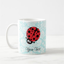 Teal Damask Pattern Ladybug Coffee Mugs