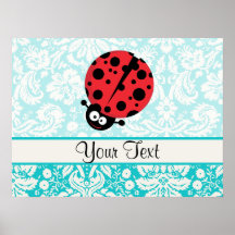Teal Damask Pattern Ladybug Print