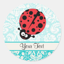 Teal Damask Pattern Ladybug Round Sticker