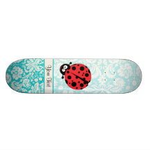 Teal Damask Pattern Ladybug Skateboard