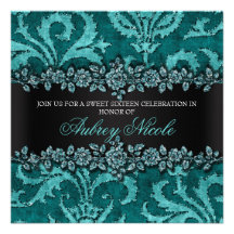 Teal Glitter Velvet Floral Sweet Sixteen Invite