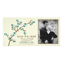 Teal/Ivory Cherry Blossom Save the Date Photocard Customised Photo Card