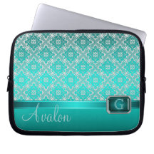Teal Lace Faux Jewelled Monogram Laptop Sleeve