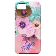 TEAL PINK ROSES AND ANEMONE FLOWERS MONOGRAM iPhone 5 CASE