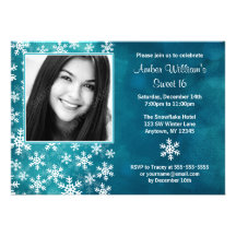 Teal Snowflakes Photo Sweet 16 Invitations