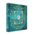 Teal Stained Glass Monogram Fleur De Lis Canvas Gallery Wrapped Canvas