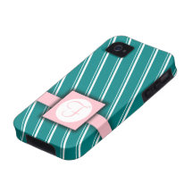 Teal, White and Pink Striped Monogram Design iPhone 4 Cover