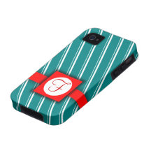 Teal, White and Red Striped Monogram Design iPhone 4/4S Case