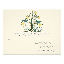 Teal & Yellow Whimsical Swirl Tree Wedding RSVP Custom Invitation