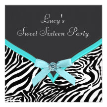 Teal Zebra Sweet 16  Birthday Party Personalised Invitation