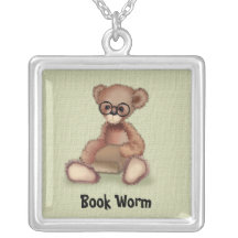 Teddy Bear in Glass Book Worm Necklace