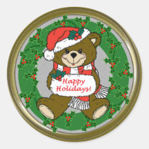 Teddy bear in wreath round stickers