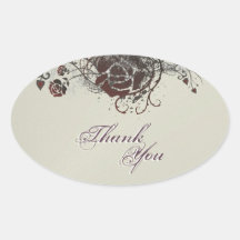 Thank You Seal Black &  Red Rose Floral Wedding Oval Sticker