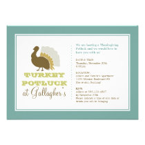 Thanksgiving potluck chic blue green turkey dinner invitations