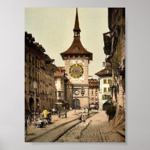 The clock tower, Berne, Town, Switzerland vintage Print