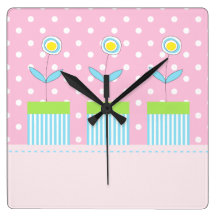 Three flowers on pink with white dots square clock