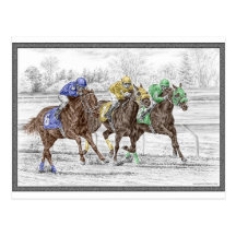 Three Horses Racing - Neck and Neck to Finish Post Card