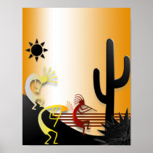Three Kokopellis and a Cactus Poster