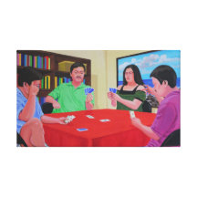 Three Men and a Lady Playing Cards Canvas Prints