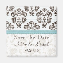 Tiffany Blue and Brown Damask Save the Date Magnet
