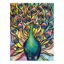 Tiffany Peacock Stained Glass style postcard