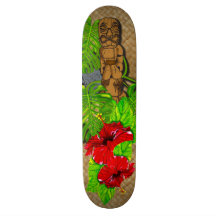 Tiki Red Hibiscus Lauhala Skateboard