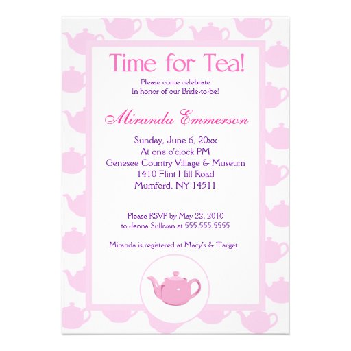 Time for Tea Teapot (Pink) Bridal Shower 5x7 Custom Invites