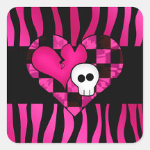 Too cute goth punk zebra heart fuschia black skull square stickers