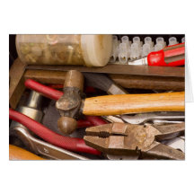 Tools in a messy toolbox greeting card