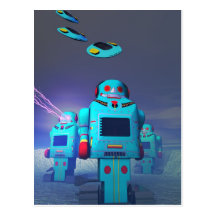 Toy Robos on the Attack Postcard
