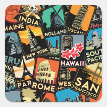Travel posters retro vintage europe asia usa square sticker