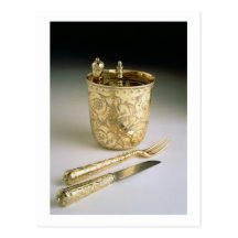 Travelling set of a knife, fork, spoon and beaker, postcard