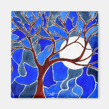 Tree and Moon on Canvas - Blue Magnets