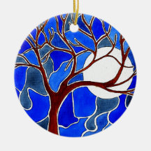 Tree and Moon on Canvas - Blue Christmas Tree Ornament