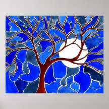 Tree and Moon on Canvas - Blue Posters