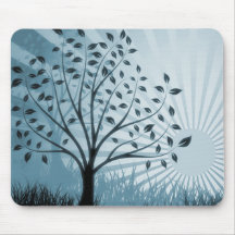 Tree Leaves Grass Silhouette & Sunburst - Blue Mousemat