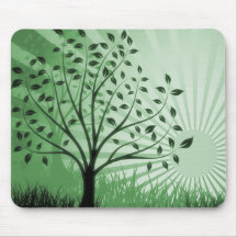 Tree Leaves Grass Silhouette & Sunburst - Green Mousepad