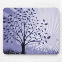 Tree Leaves Grass Silhouette & Sunburst - Indigo Mousepad